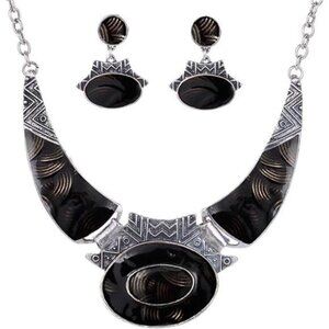 Ethnic Color Embossed Oval Gangle Bib Collar Earrings Necklace Jewelry